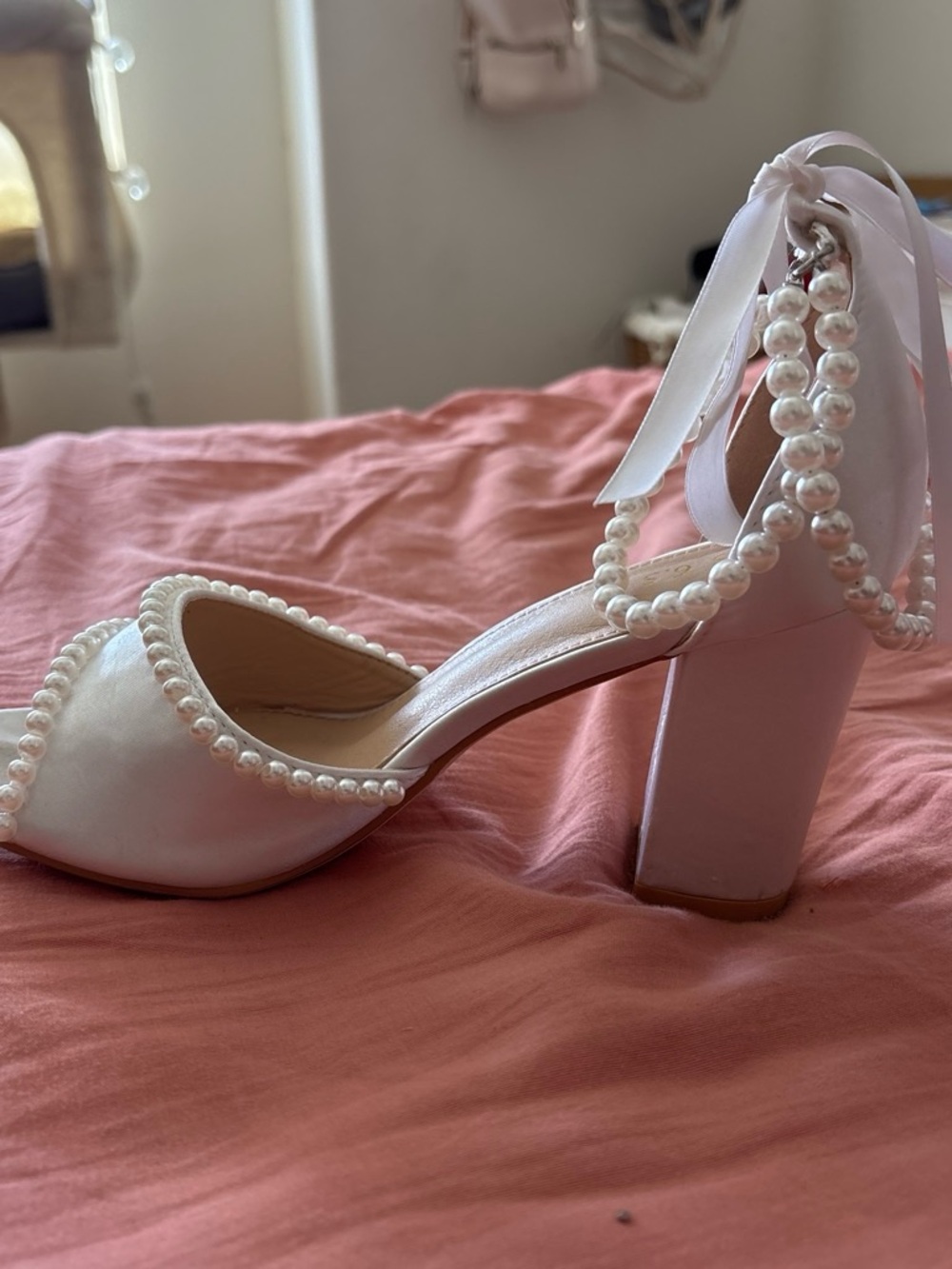 Pearl-Trim White Satin Ankle-Tie Heels - Women's - Picture 2 of 2